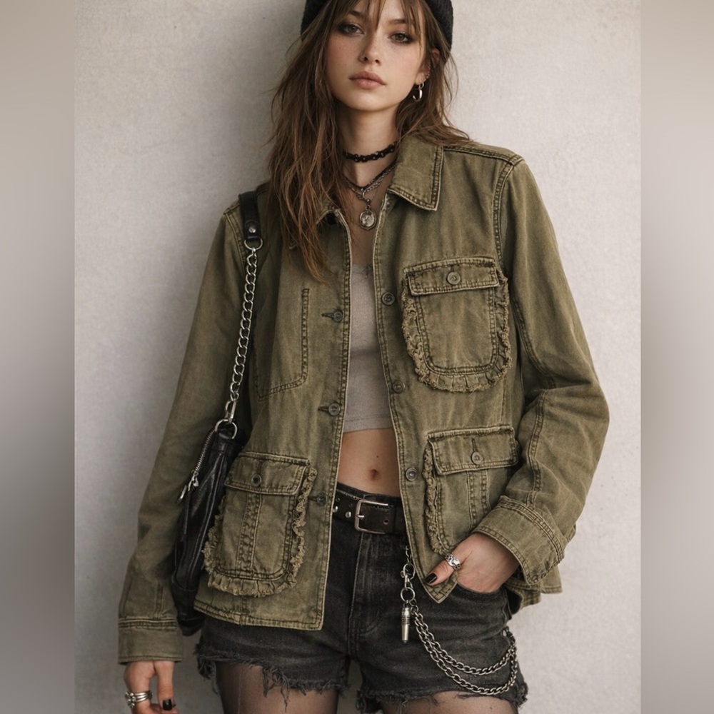 ANTHROPOLOGIE Jacket Sz S Ruffled Utility Military Olive Green Field Jacket